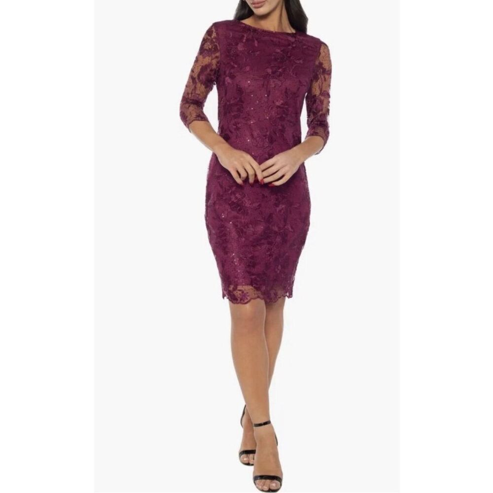 marina burbundy lace long sleeve Nylon knee length dress Formal Cocktail 4 Small